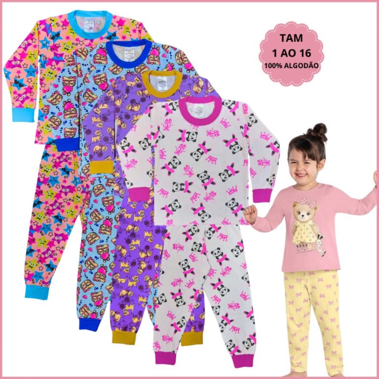 Kit 6 Peças Pijama Inverno Infantil Menina 3 Mang