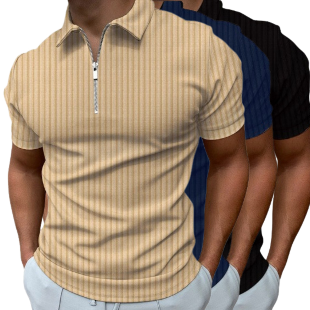 Camiseta Polo Manga Curta Com Ziper Masculina Malha Canelada