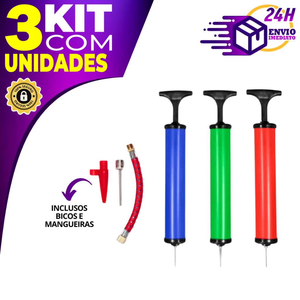 Bomba de Ar Manual 10 Para Encher Bolas Piscina Futebol Vôlei Basquete Boias Kit 3 Peças com Bicos