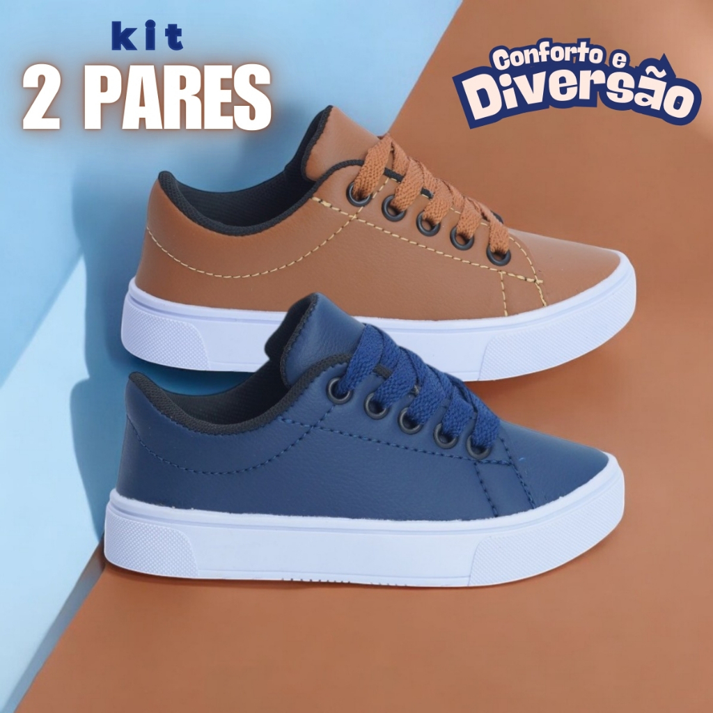 Kit 2 Pares Tênis Infantil Masculino Escolar Confortável Colegial com Solado Antiderrapante