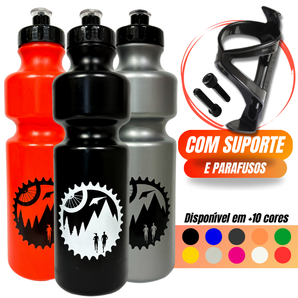 Kit Garrafa Caramanhola Para Bike Bicicleta Squeeze Agua 750ml + Suporte Garrafinha + Parafusos