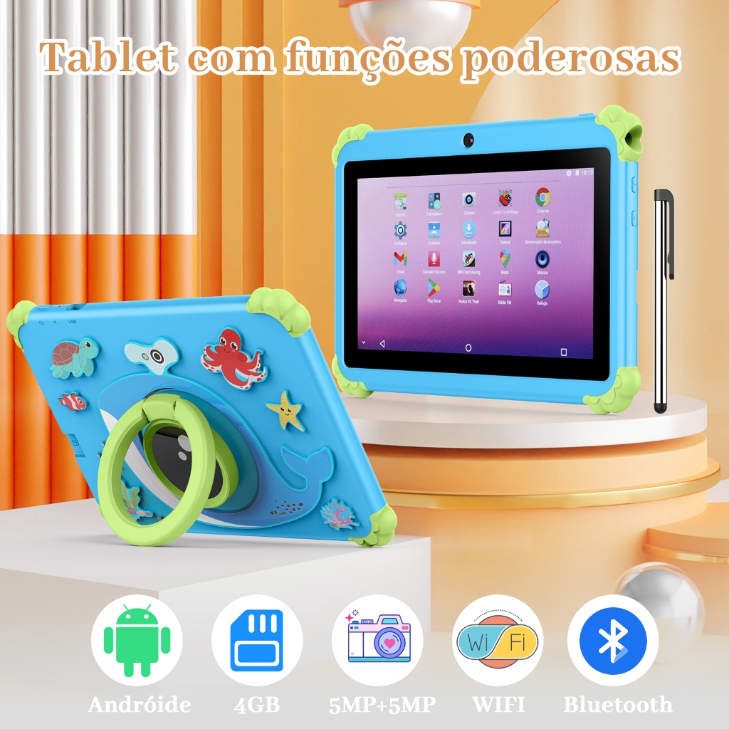 Tablet Kids Infantil 64 gb p Criança Android  Wifi Bluetooth Capa Antiqueda 7,6 Polegadas  Caneta su