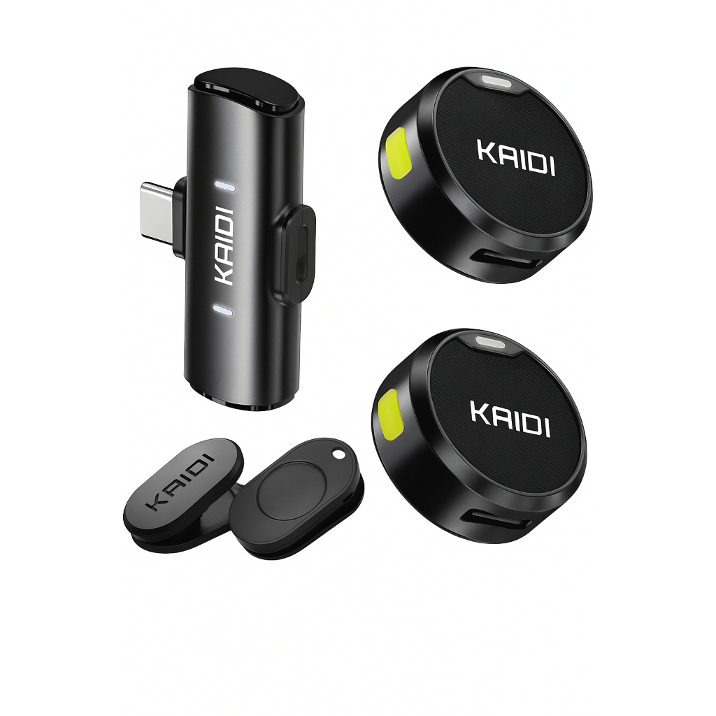 Microfone Lapela Sem Fio Duplo Kaidi Profissional Portátil Imã Redondo Anti Ruído Tipo C iPhone Grav