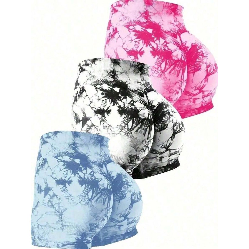 3 Peças de Shorts de Ginástica Tie Dye para Mulheres, Shorts Modeladores de Bumbum Levantador de Cin