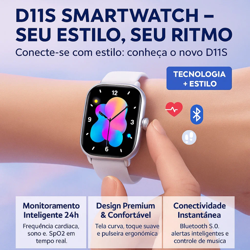 Smartwatch D11S Tela HD 2.07 | Saude Completa, Assistente de Voz, Controle de Musica