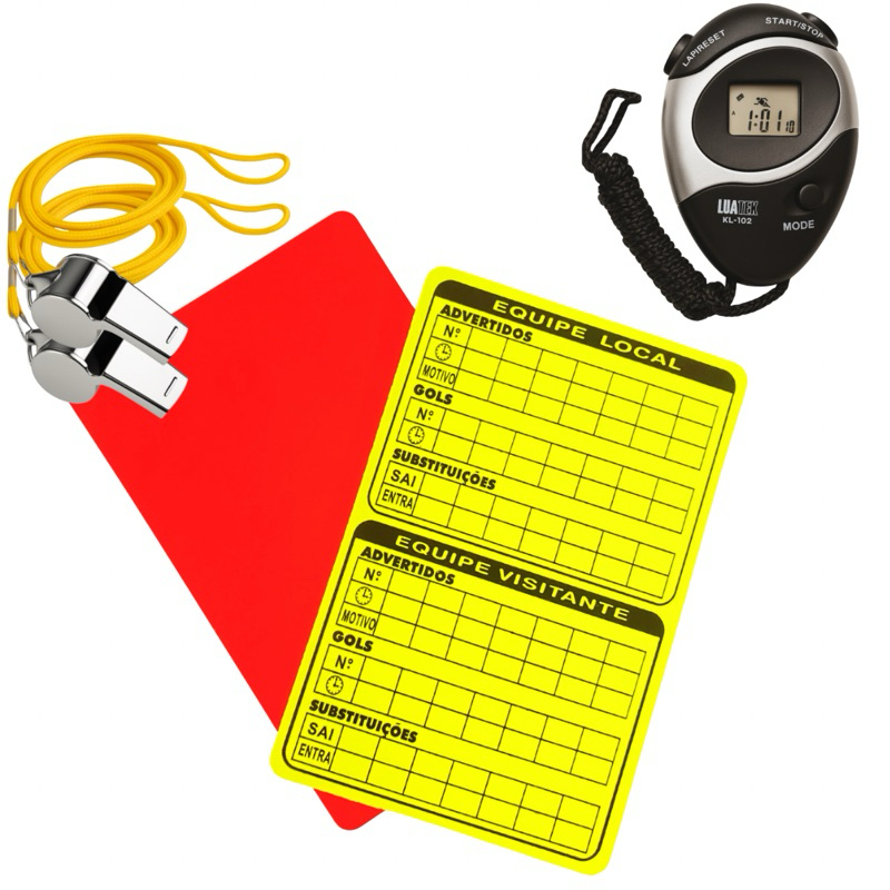 Kit Árbitro de Futebol Profissional com Cronômetro + 2 Apitos + Cartões Fluorescentes