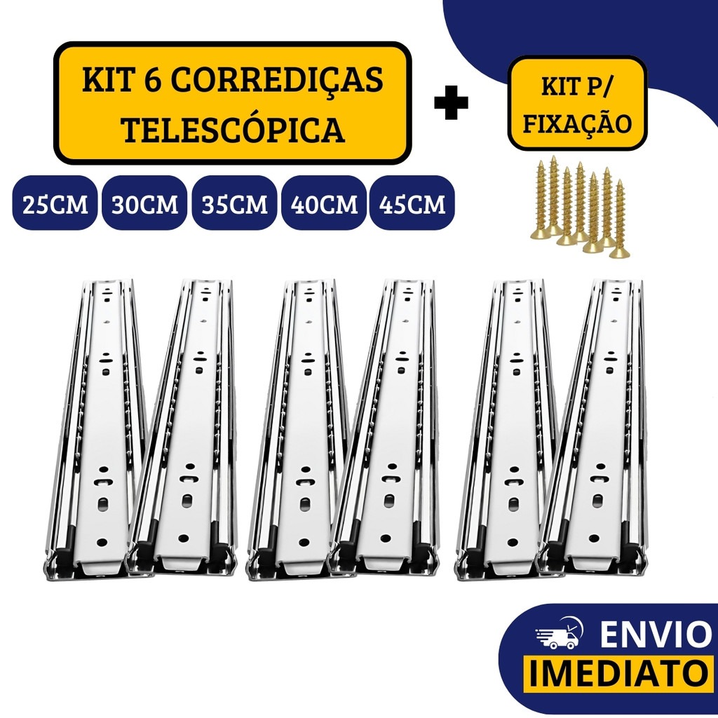 Kit 6 Corrediças Gaveta Trilho Telescópica Light COM Parafusos | 25cm – 30cm – 35cm – 40cm – 45cm