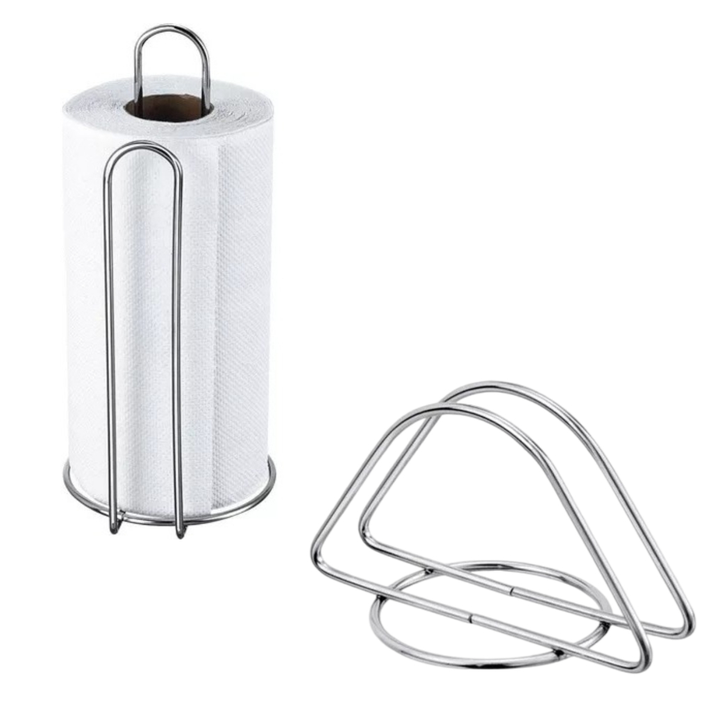 Kit Porta Rolo Papel Toalha + Porta Guardanapos Cromado Para Cozinha, Bancada, Balcão, Restaurante