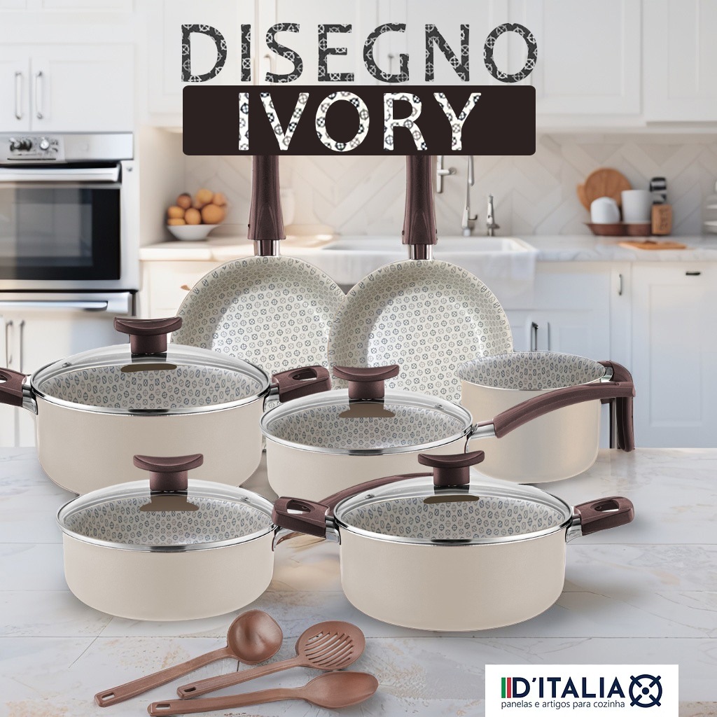 Jogo De Panelas DItália 10 Peças Disegno Marrom Antiaderente Tampa De Vidro Com Desenho Exclusivo