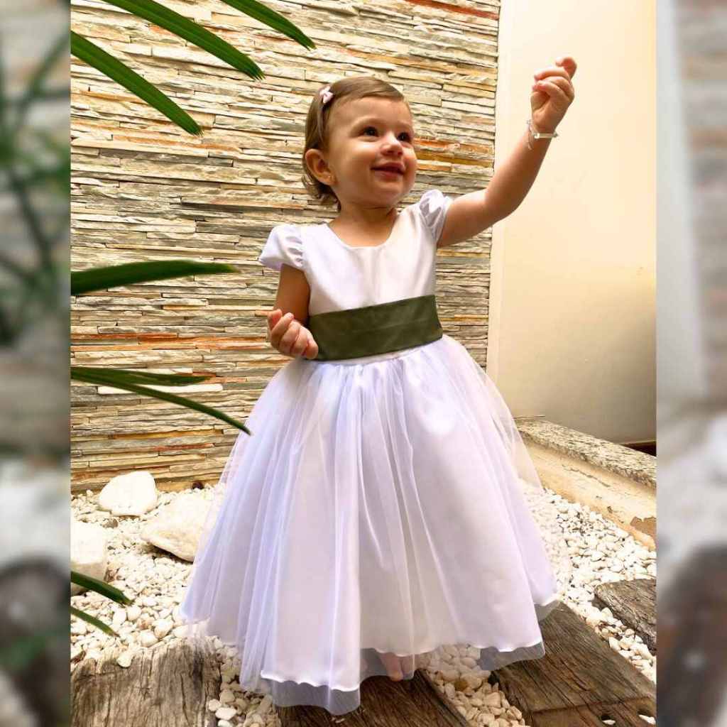 Vestido Infantil Longo Branco com Tule e Faixa Colorida Ref4190