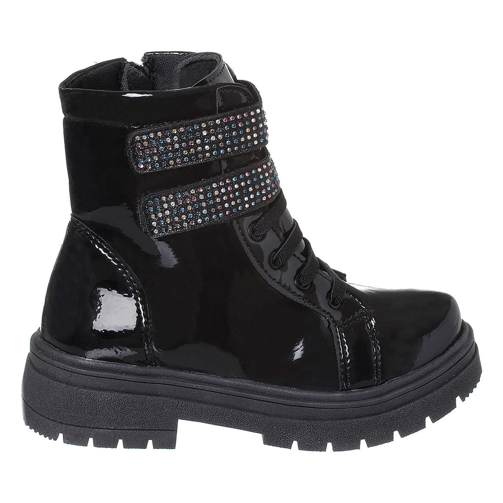 Bota Coturno Menina Com Fechamento Duplo Strass Preto Verniz