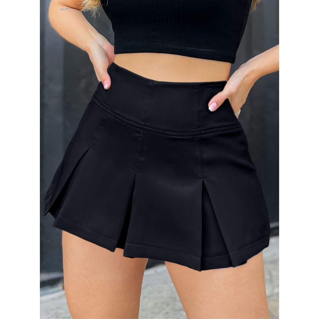 LuluRunModa Short Saia Alfaiataria Feminino Plissada com Pregas Colegial – S694