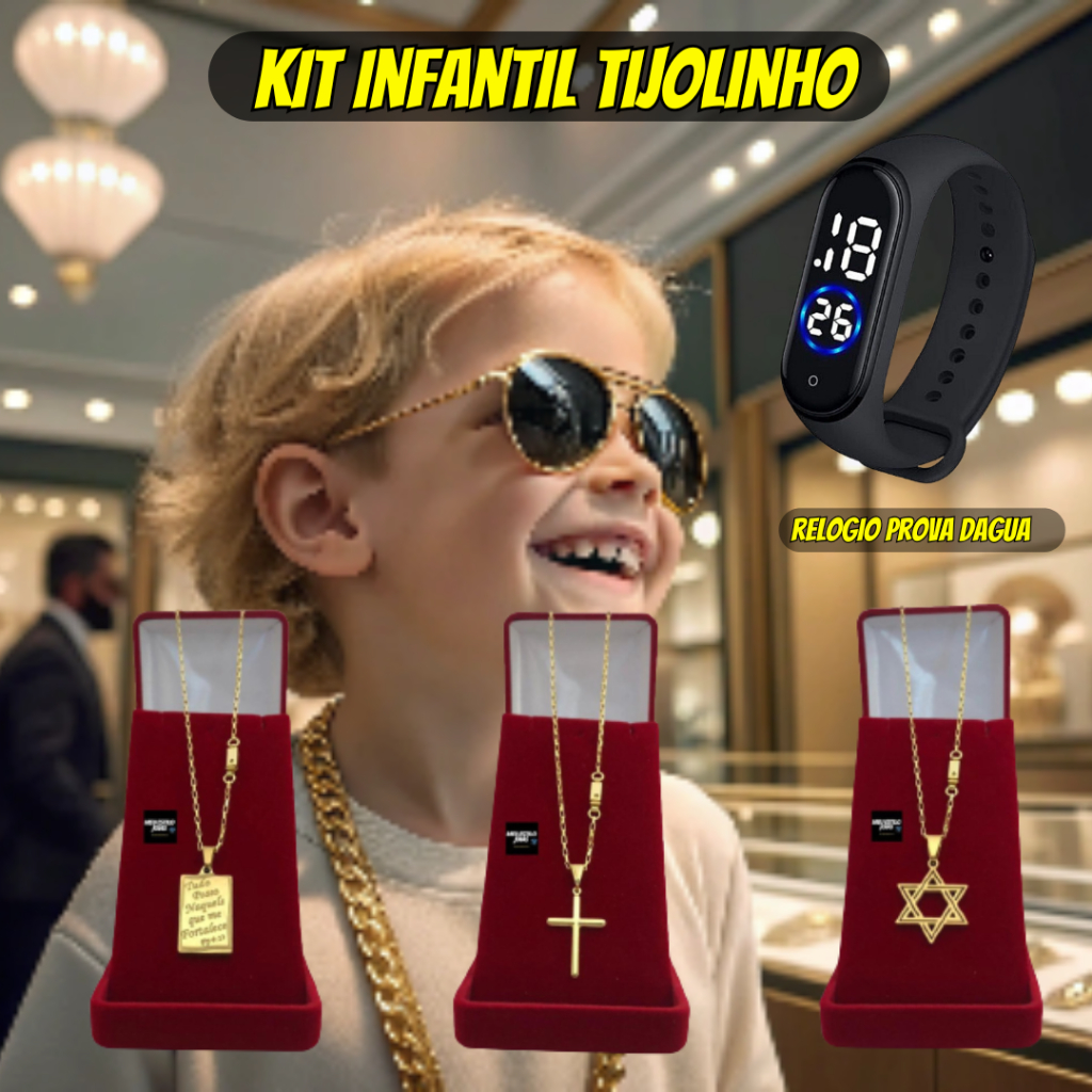 Corrente Infantil Menino Cordão Tijolinho – 1.5mm Banhado Ouro 18 k Com Pingente   +  Relógio De Pul