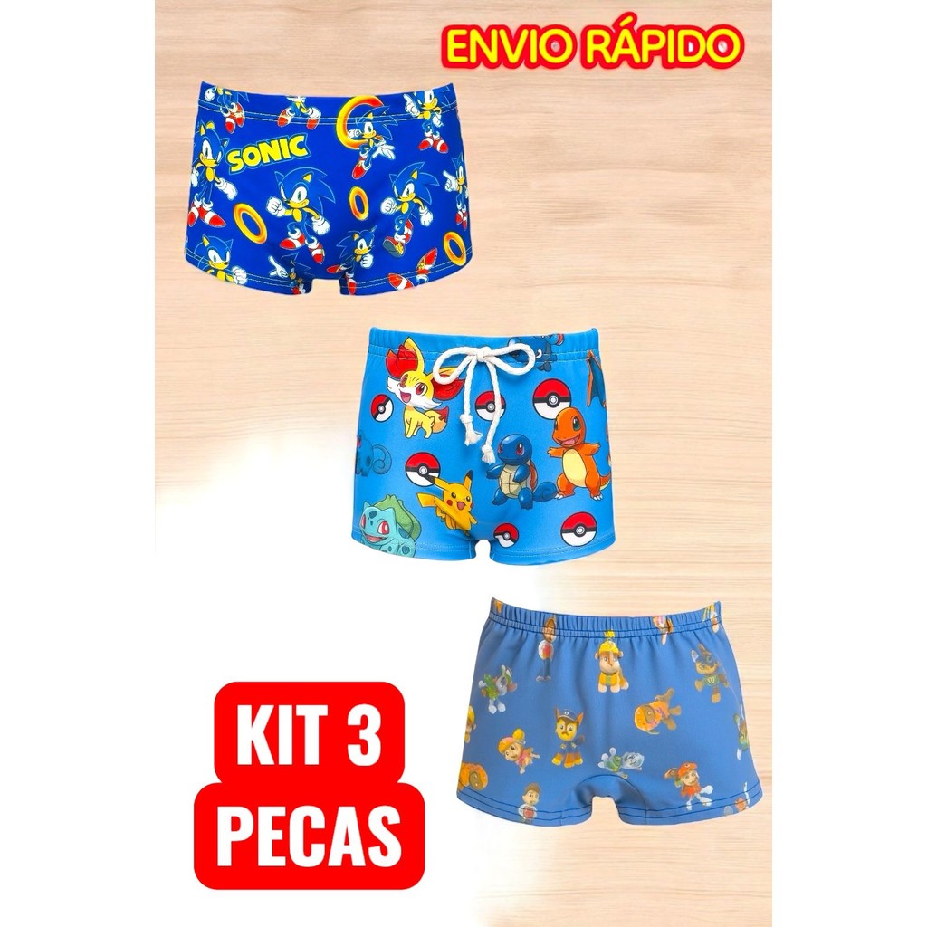 Sunga Infantil Kit com 3 Boxer Estampadas  Moda Praia para Crianças