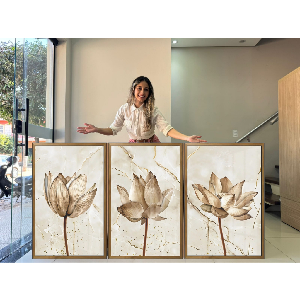 Kit 3 Quadros Decorativos Sala Moderna Flores Abstrato Trio – FLOR BEGE