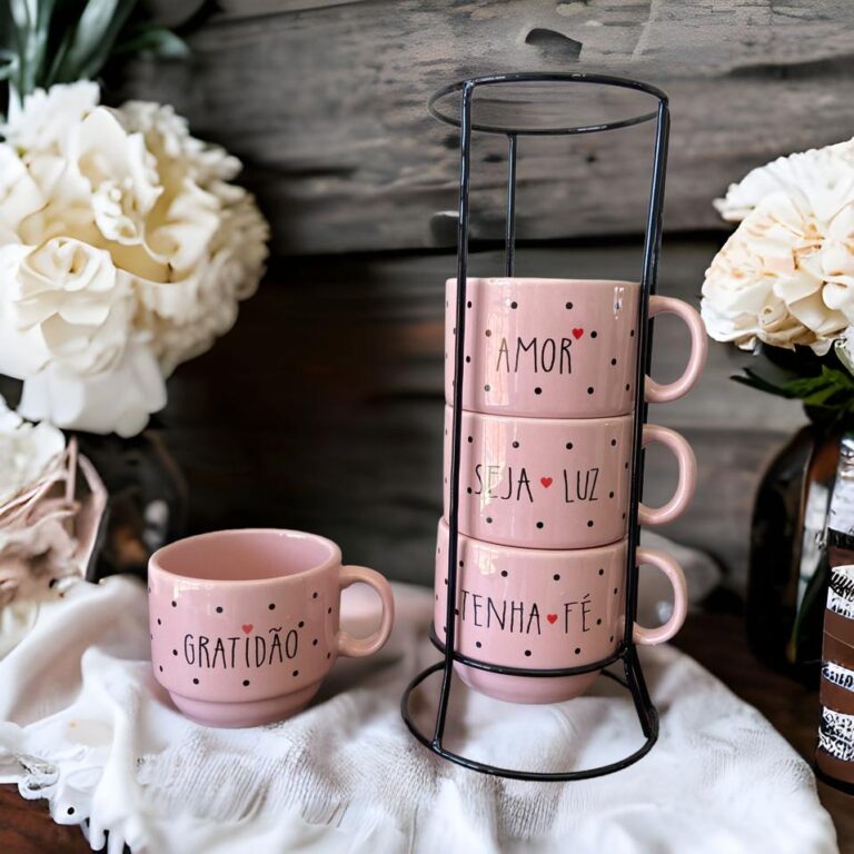 Jogo De Xícaras Café Chá Rosa Com Suporte Kit 4