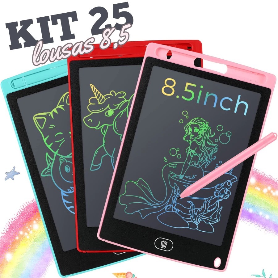 KIT 25 Lousa Mágica Tela Lcd Tablet Infantil De Escrever E Desenhar 8.5 Polegadas