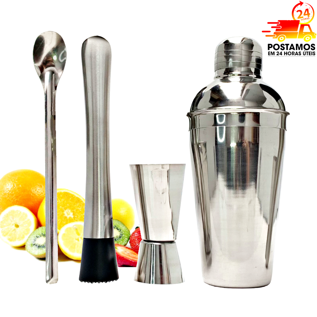 Kit Caipirinha 4 peças Inox Bartender Profissional – Coqueteleira 500ml, Socador, Dosador e Colher
