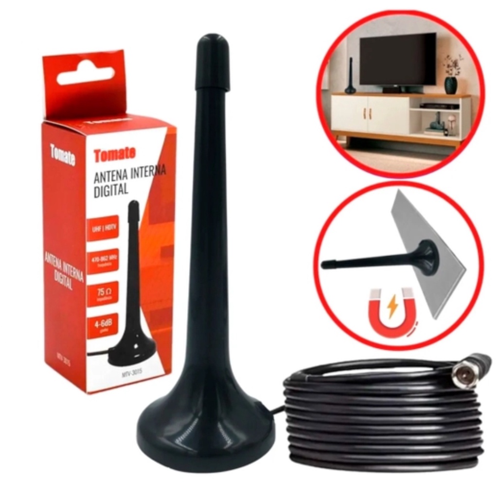 Antena Interna/Externa HD TV Digital Compacta e Potente Cabo de 3 Metros, Recepção 360°, Alta Sensib