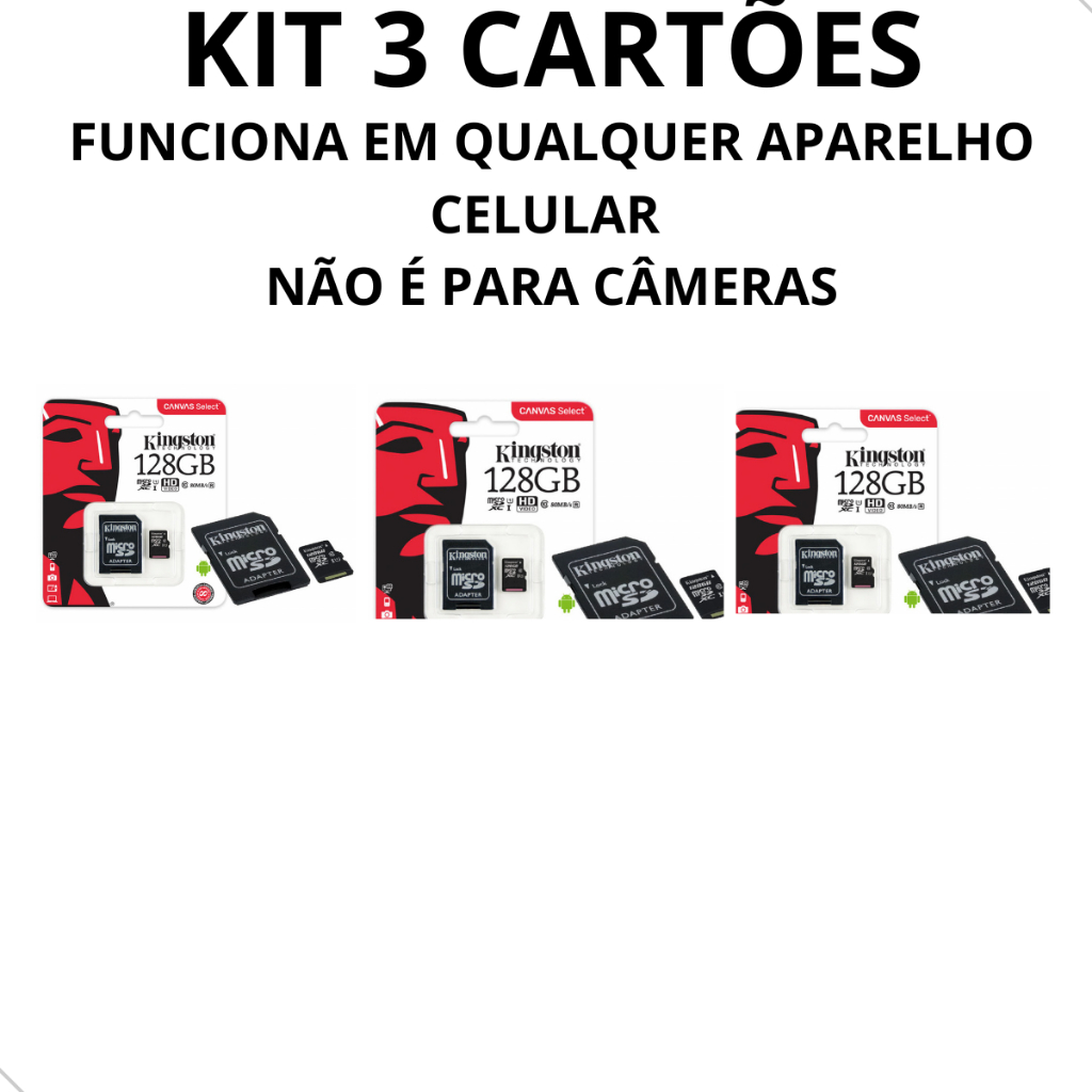 KIT 3 Cartão Memória Micro Sd  128gb Classe10 capacidade