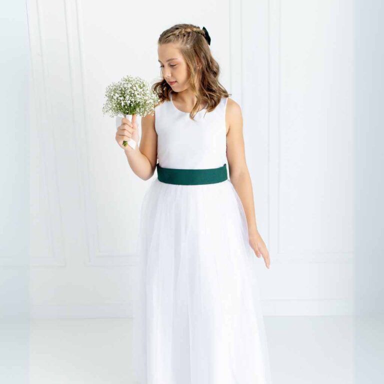 Vestido Longo Branco Dama de Honra Faixa Verde Mus