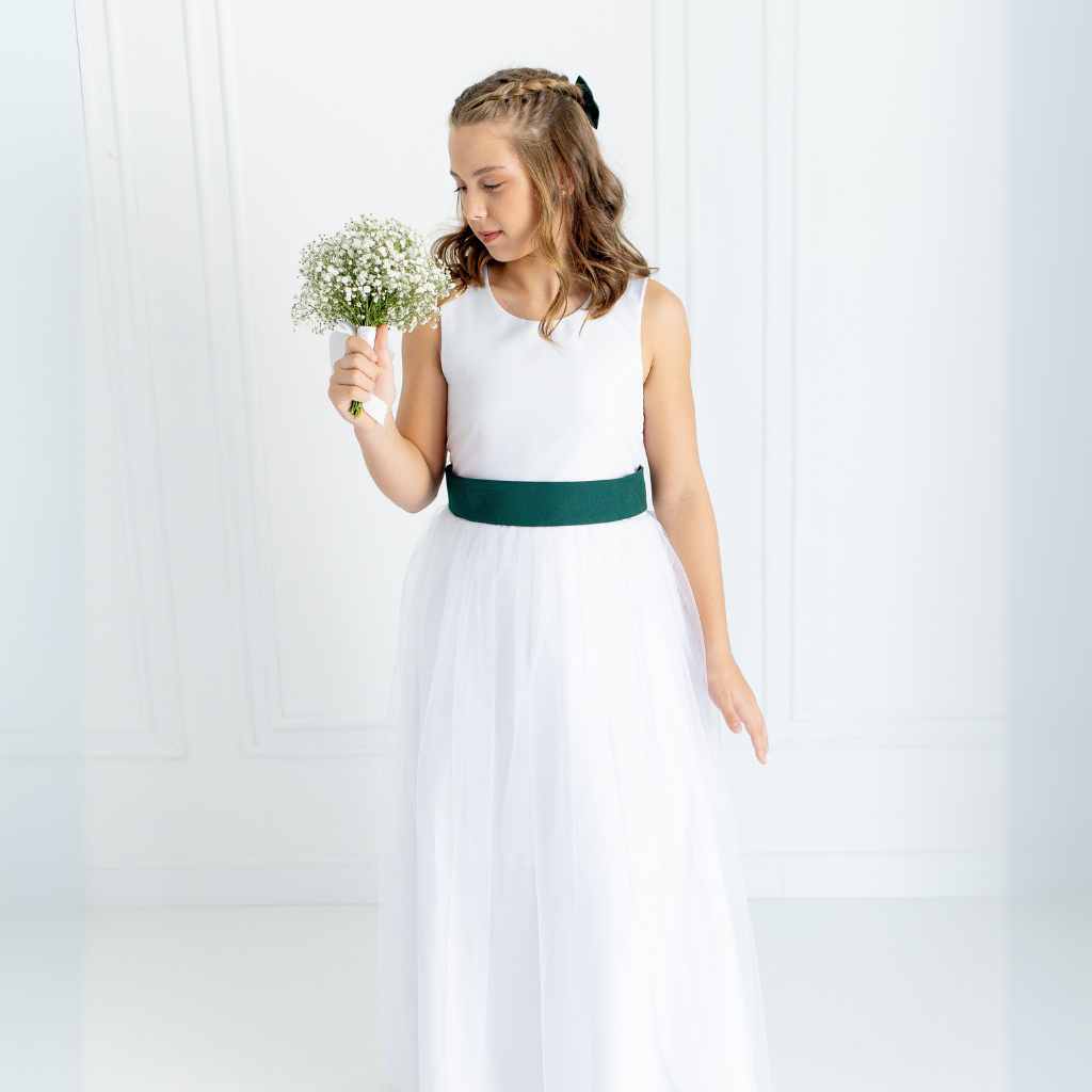 Vestido Longo Branco Dama de Honra Faixa Verde Musgo Esmeralda Infantil com Saia Tule REF4072