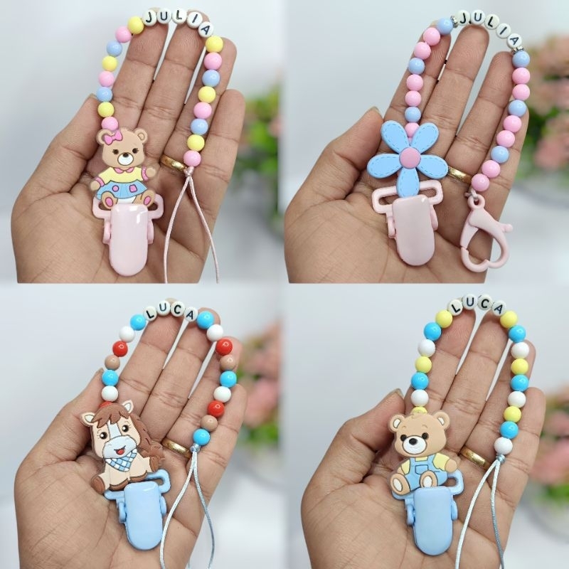 Prendedor de chupeta com nome personalizado bebê menino menina presente maternidade bico