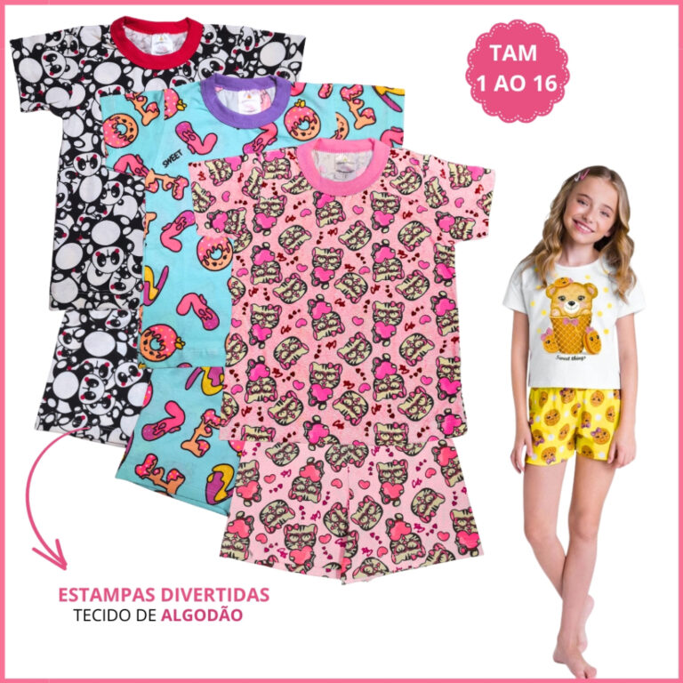 Kit 6 Peças Pijama Infantil Menina Verão 3 Camis