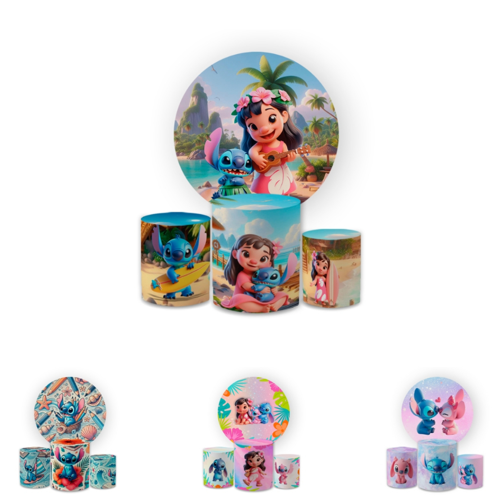 Kit Capa Painel Redondo 1,5 + Trio Cilindros Decoração Tecido Sublimado Decoração Tema Lilo Stch