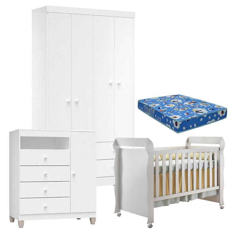 Quarto de Bebê 4 Portas Ternura Baby com Berço Mirelle Branco Brilho com Colchão – Incorplac