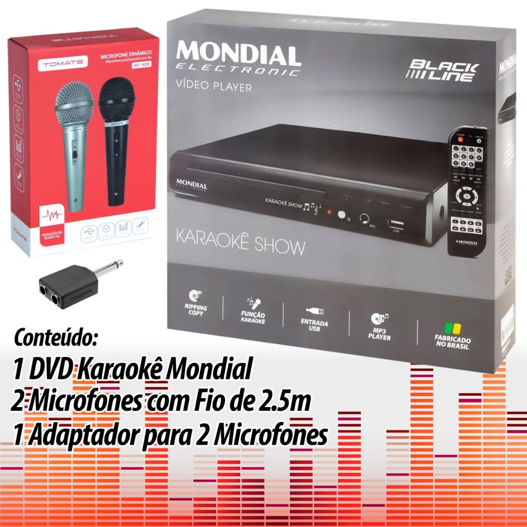Kit Karaoke Videoke Dvd Mondial Pontuação C/ 02 Microfones