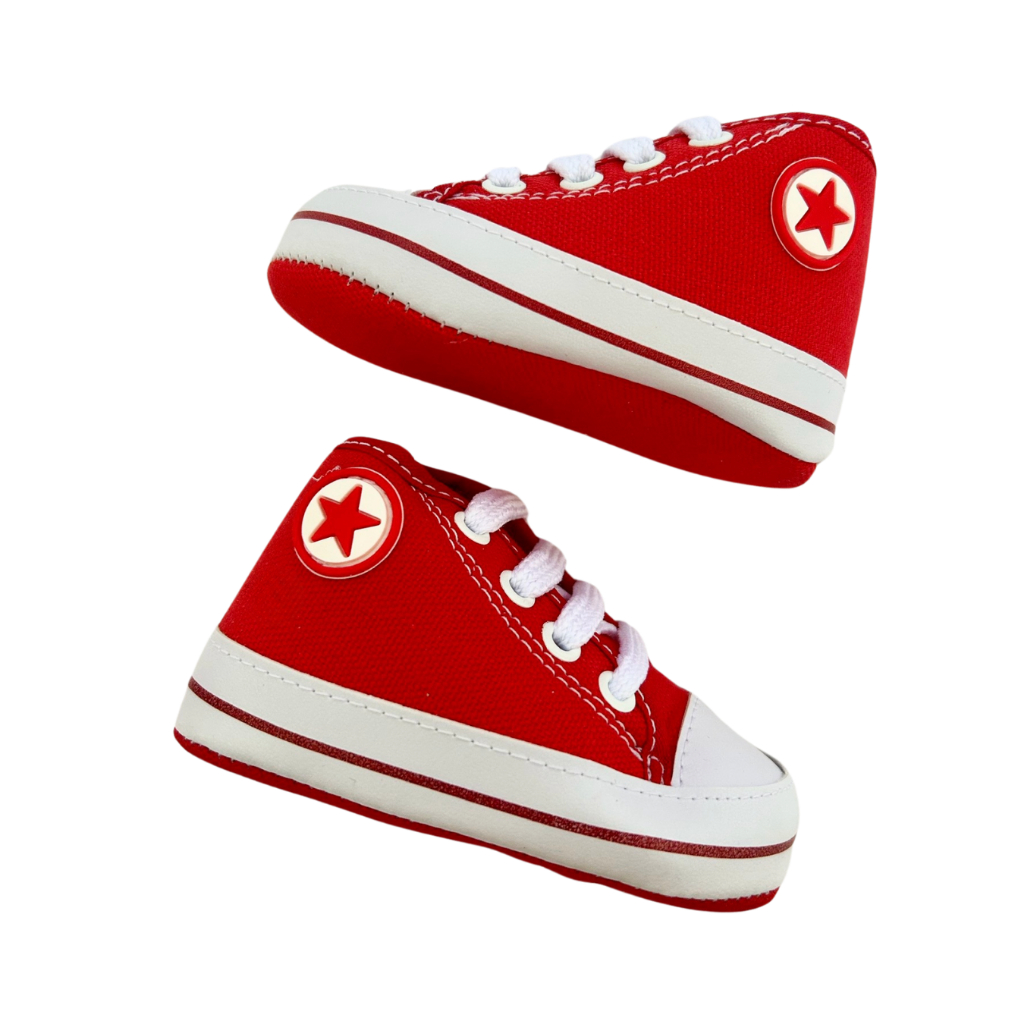 Tênis Sapatinho Bebê Vermelho Estilo All Star C/ 2 Pares de Meias Confortável 0 a 9 Meses