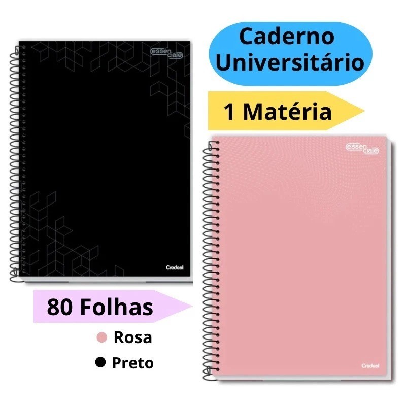 Kit 2 Cadernos Universitários Capa Dura 1 Matéria Com 80 Folhas Preto e Rosa Escolar Credeal