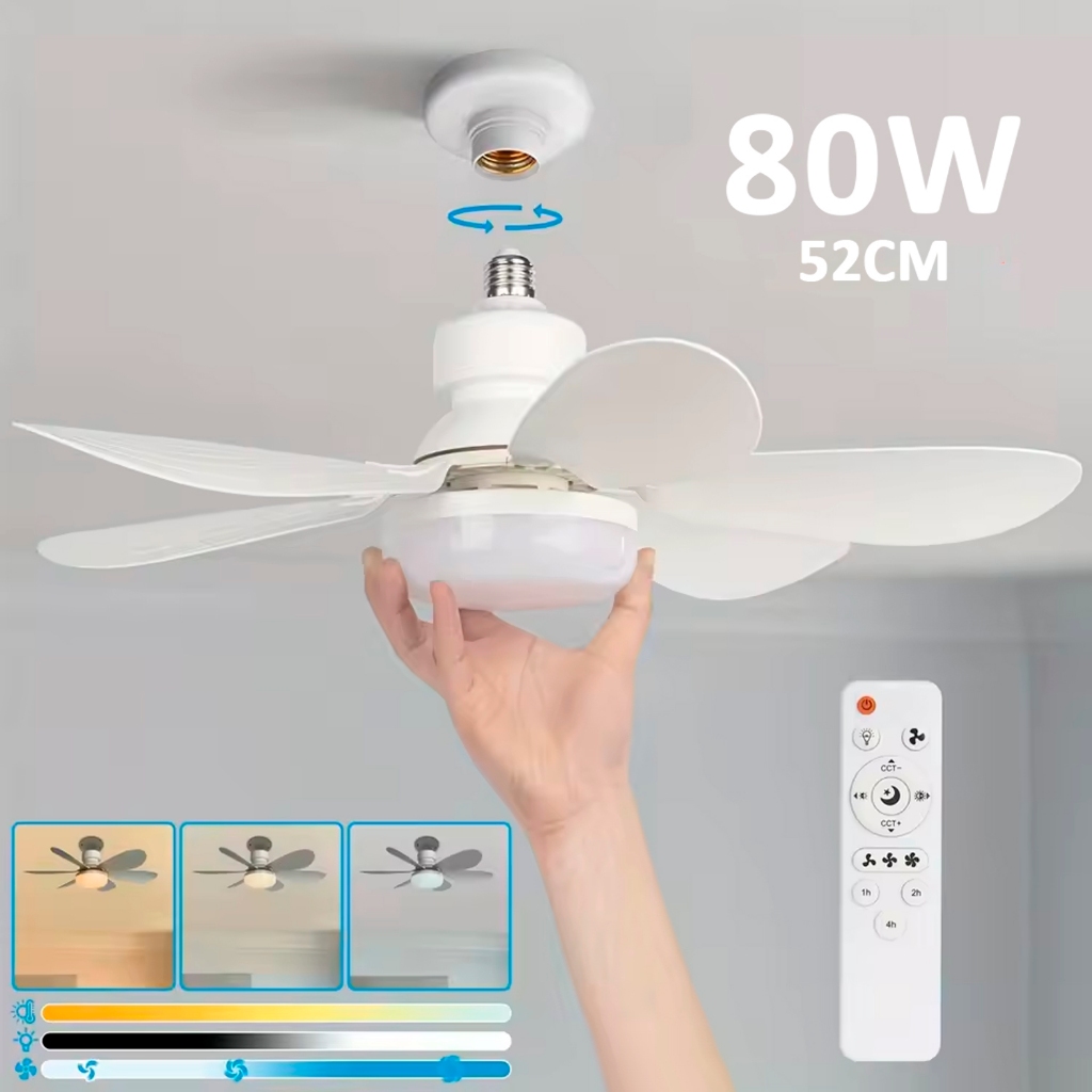 Ventilador de Teto 60W 80W Lâmpada Luminária LED 3 Cores E27 Silencioso Bivolt 2 em 1 C/ Controle