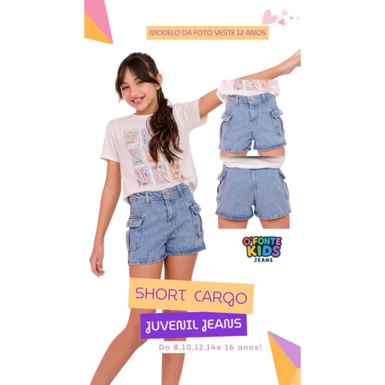 Short jeans cargo infantil juvenil menina 08,10,12