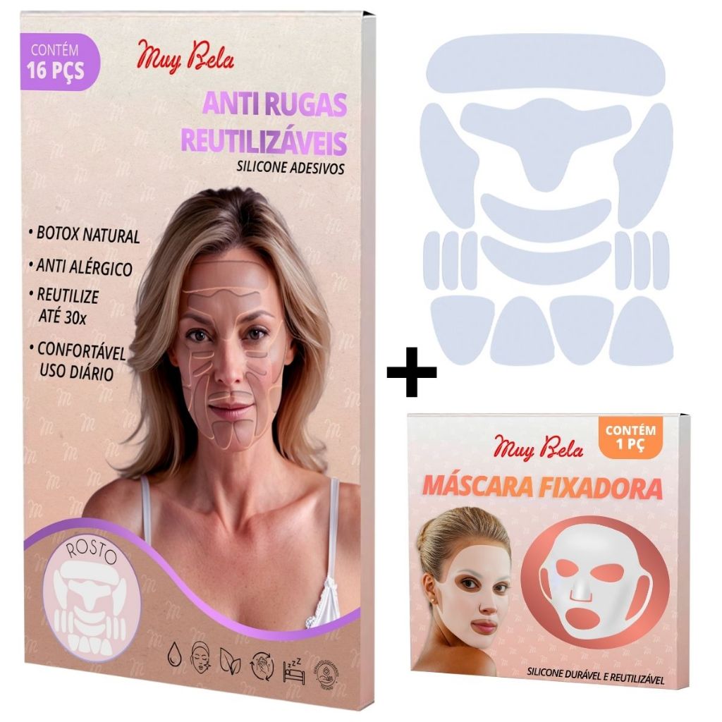 Kit Adesivo Anti Rugas Muy Bela 16 Peças + Máscara Facial Rosa | Silicone Reutilizável Lifting Natur