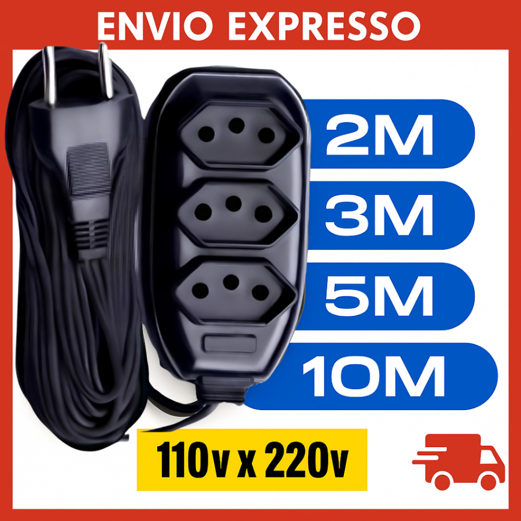 Extensão Elétrica 2, 3, 5, 10 (METROS) Bivolt – Tomadas Tripolares Preta Durável Resistente