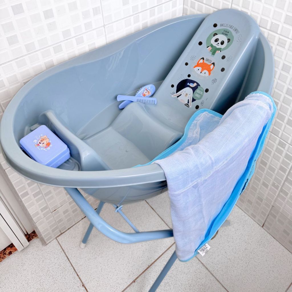 Conjunto Banho Do Bebê Banheira Suporte Para Banheira,Toalha Felpuda Dupla Com Touca, Pente, Escova