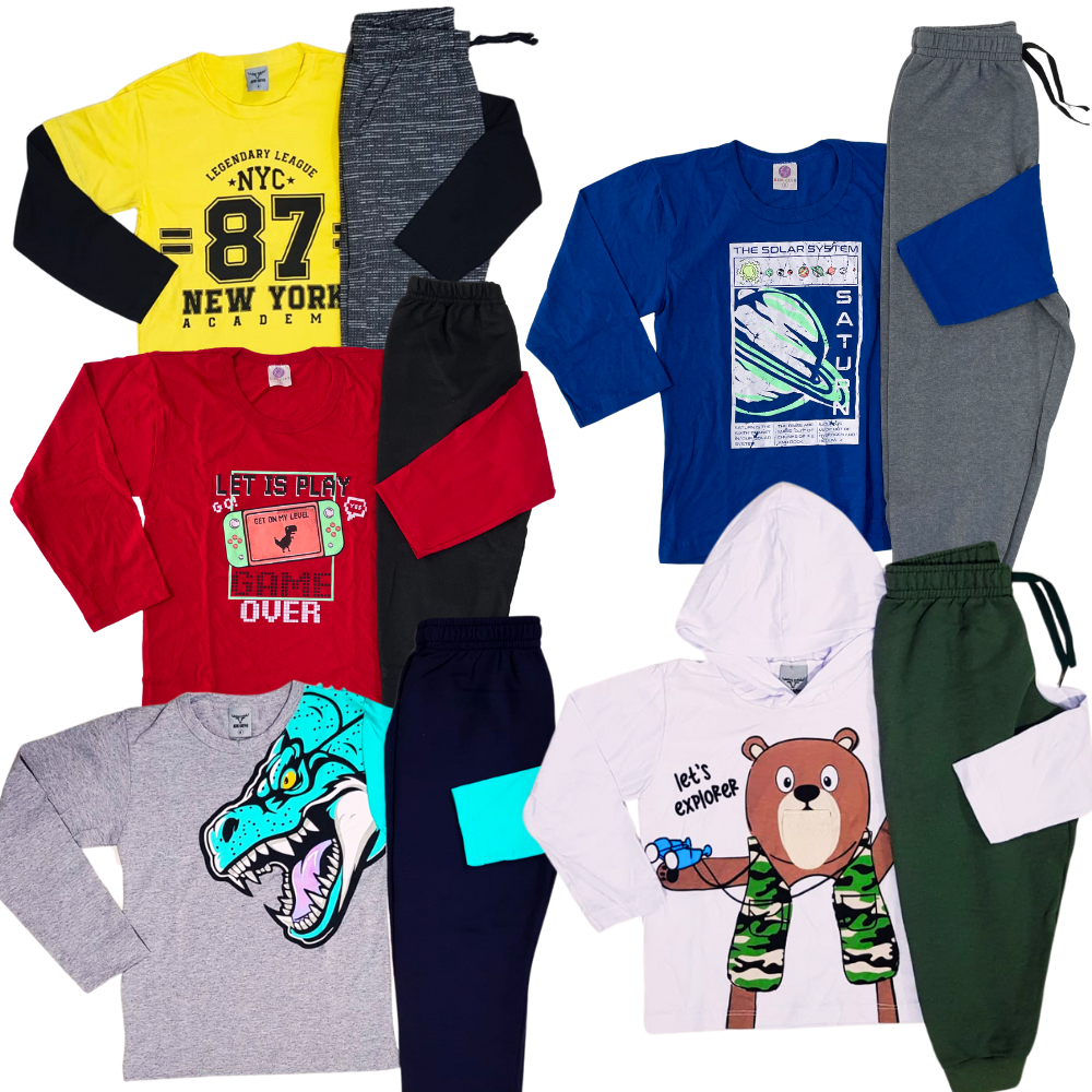 Kit 6 ou 4 Peças 3 ou 2 Conjunto Calça Blusa Manga Longa Menino Meia Estação Roupa Frio Inverno