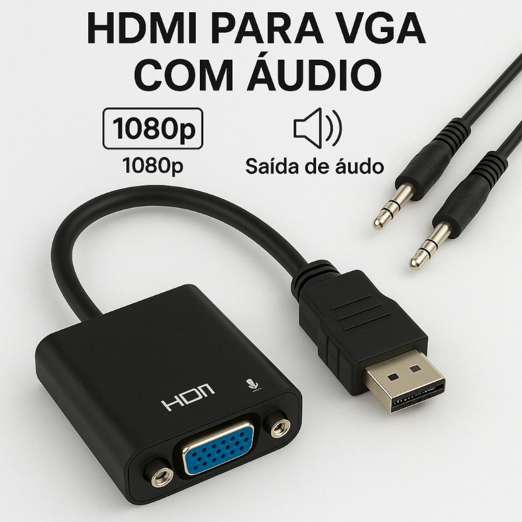 Kit 1 a 5 Cabo Adaptador HDMI para VGA com Áudio 1080p Cabo P2 Incluso Conversor para Monitor PC
