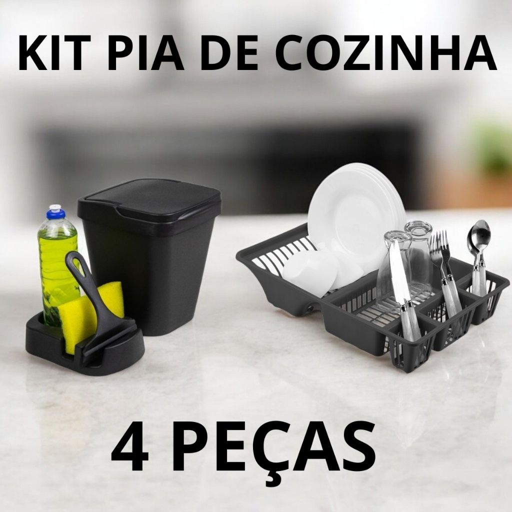 Kit Pia de Cozinha Lixeira + Escorredor de Pratos + Porta Detergente + Rodinho de Pia