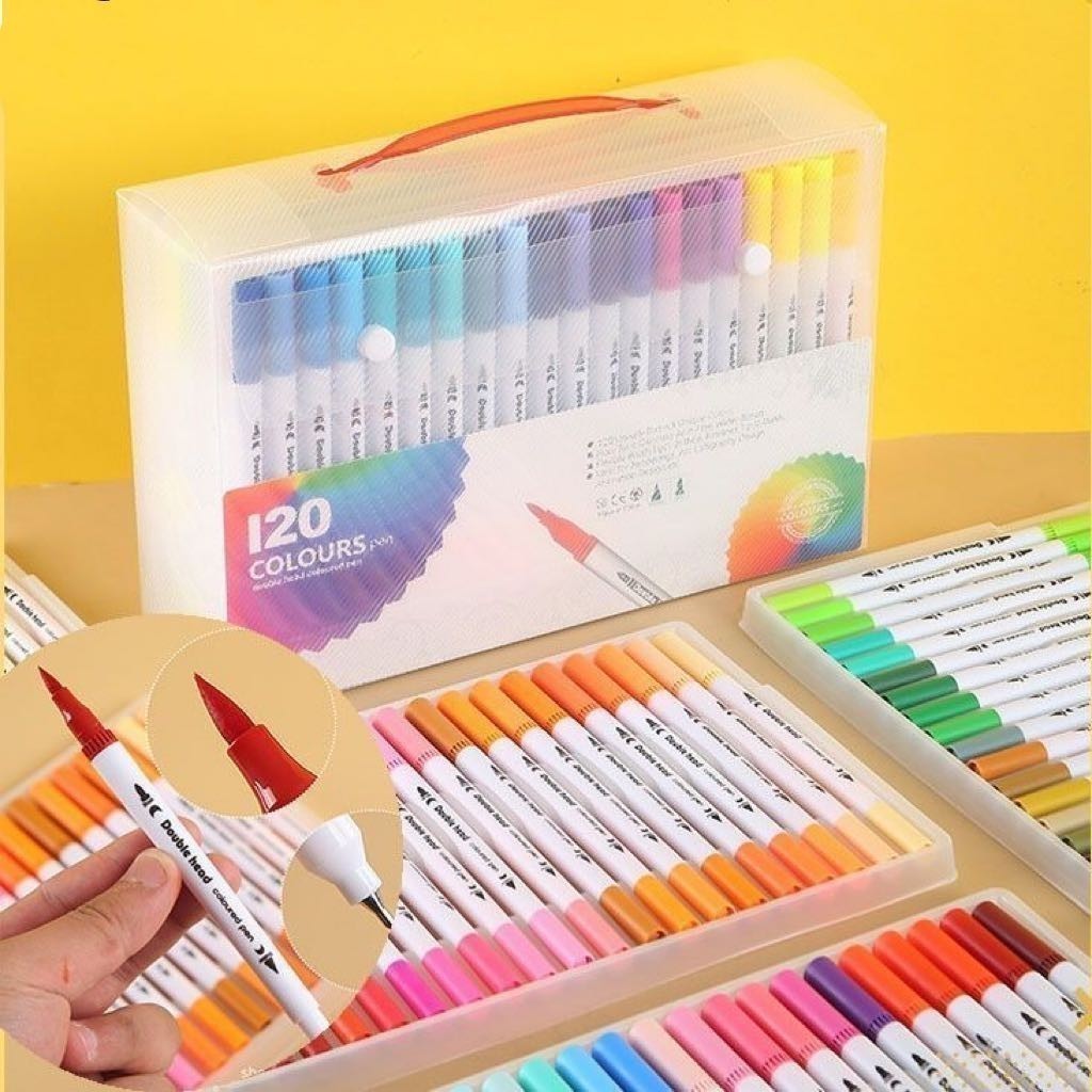 Kit 24/36/48/60/80/100/120 Cores Caneta 2 em 1 Brush Lettering e Ponta Fina Dual Pen Canetinha Color