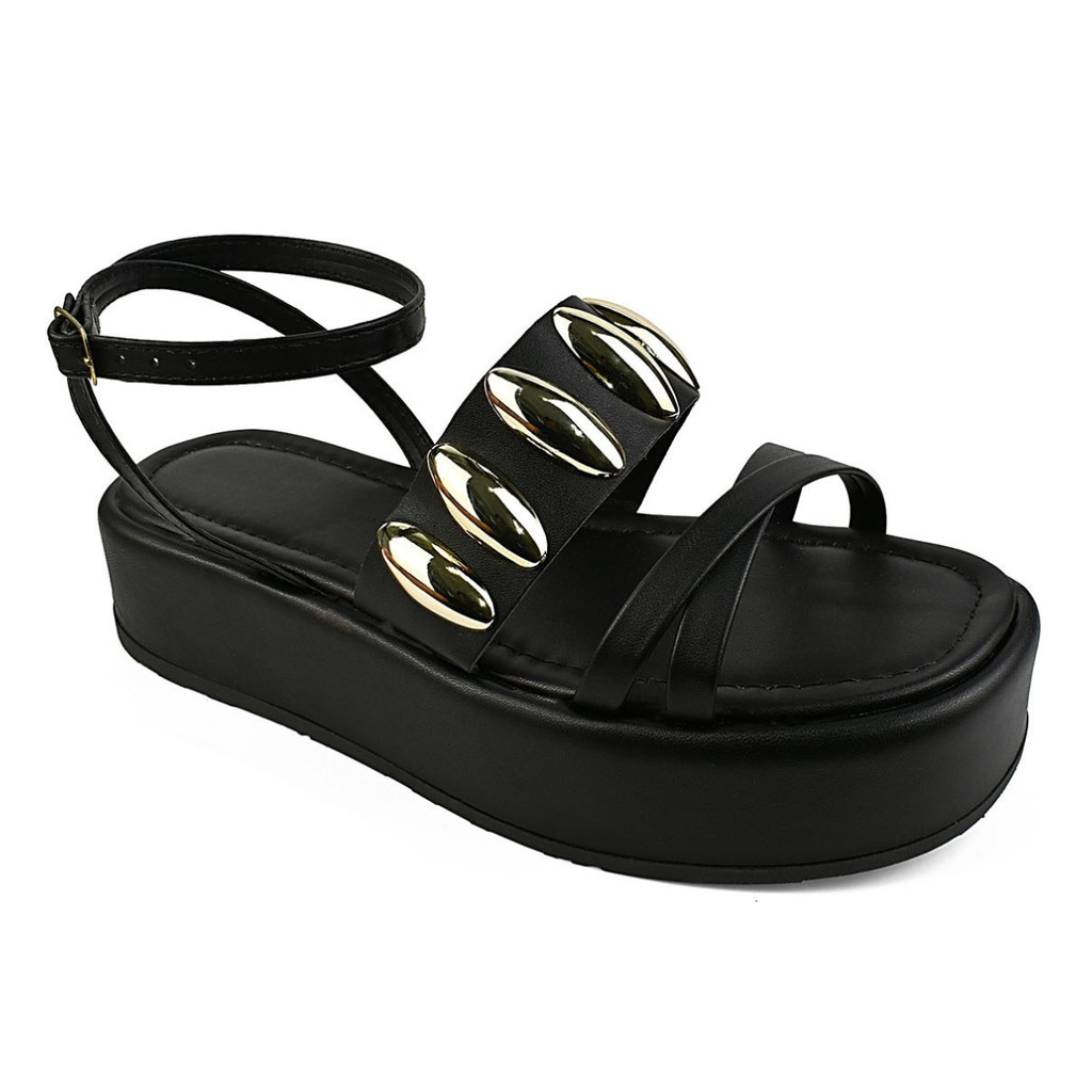 sandalia feminina salto plataforma reto leve confortável com detalhe em botons