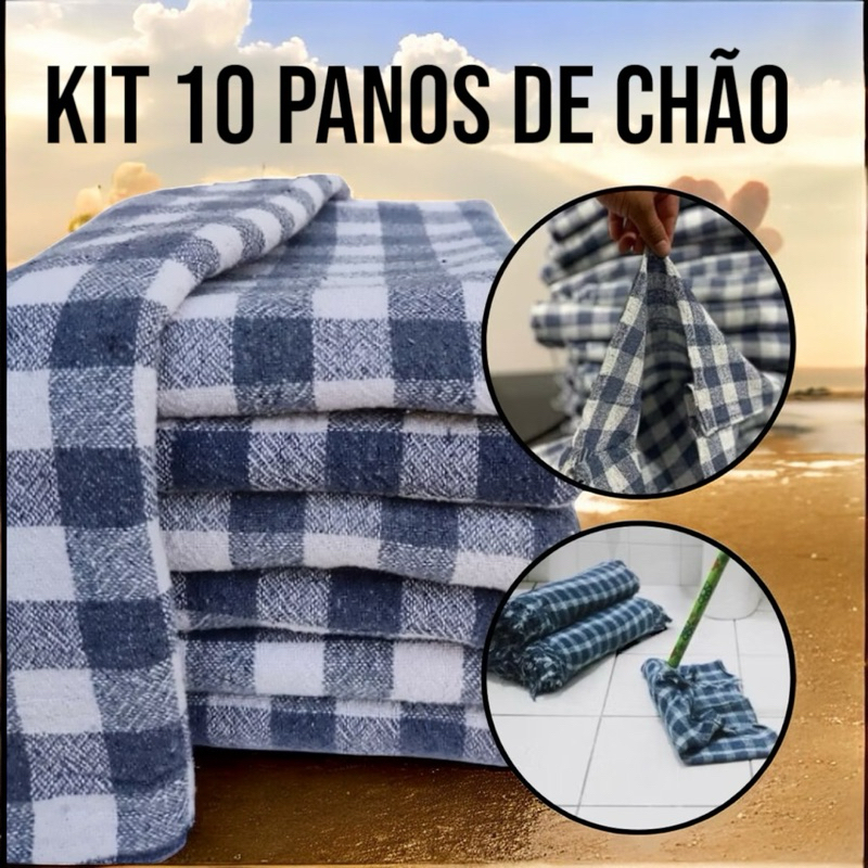 Kit 10 Pano de Chão para Limpeza em Geral Grande – Saco Duplo 5 Xadrez e 5 Branco Qualidade Grosso