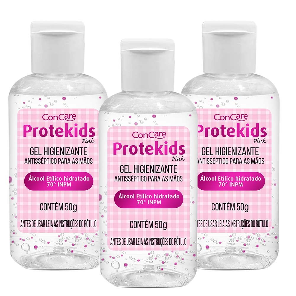 Kit 3 und Álcool Gel Protekids/Family Concare Pink 50g