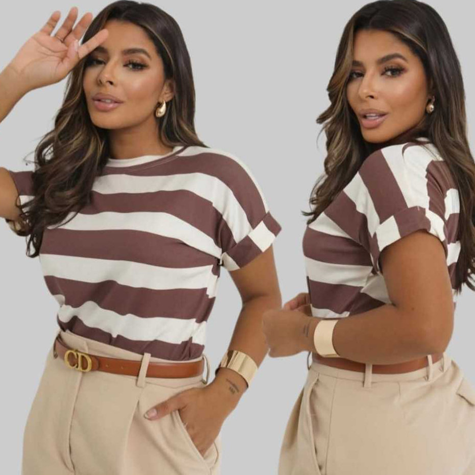 Blusa Feminina T-shirts Casual Minimalista Listrada Japonesa Manga Dobrada Cores Inverno Verão Tende