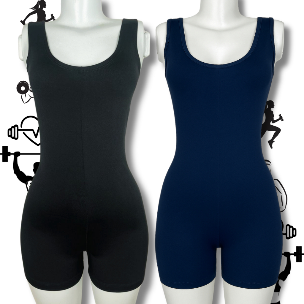 Macacão Fitness Preto/Azul Reforçado Decote Costas Moda Academia Yoga Treino Levanta Bumbum