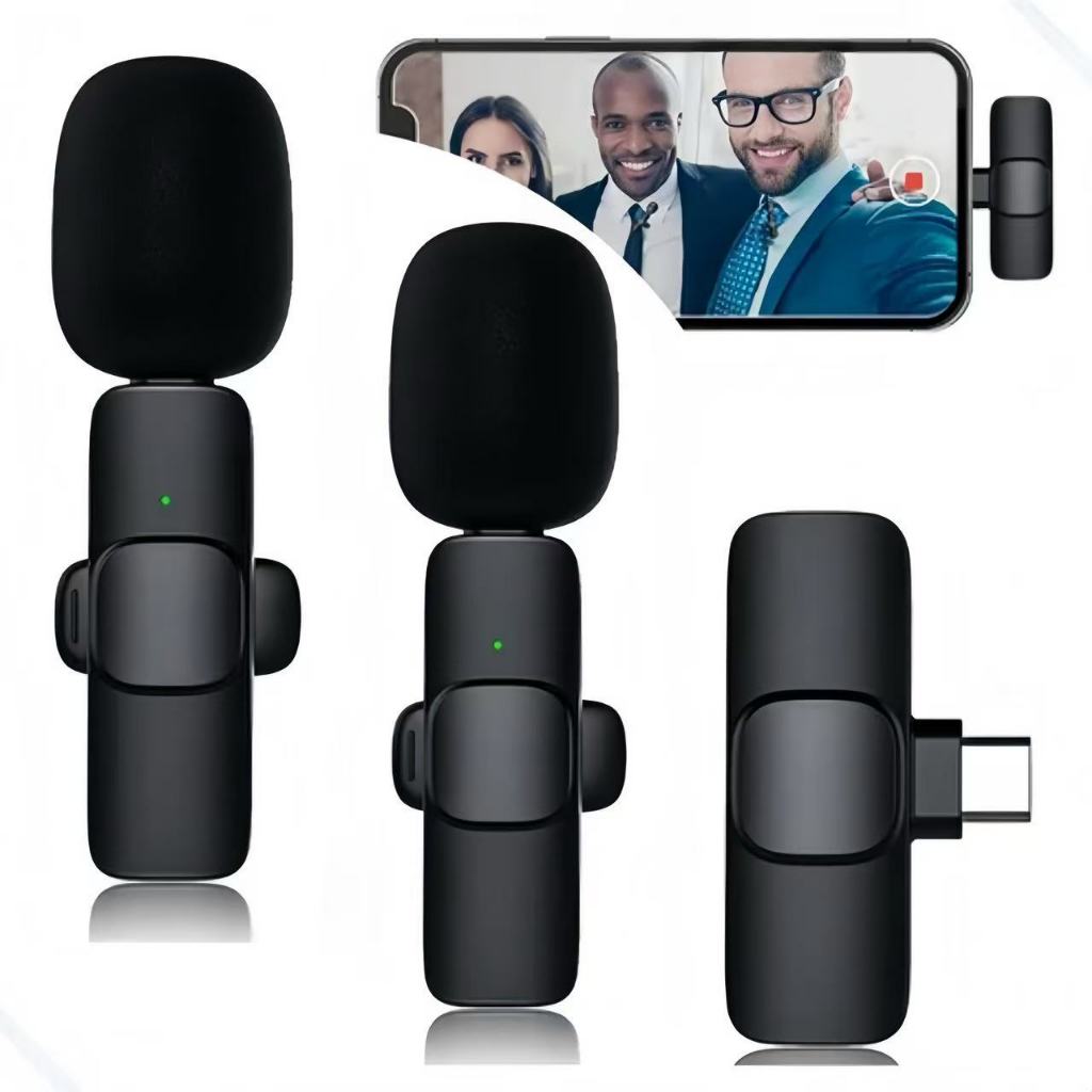 Microfone Celular Lapela Sem Fio K9 para iphone e Tipo c Profissional Karaoke 2 Microfone