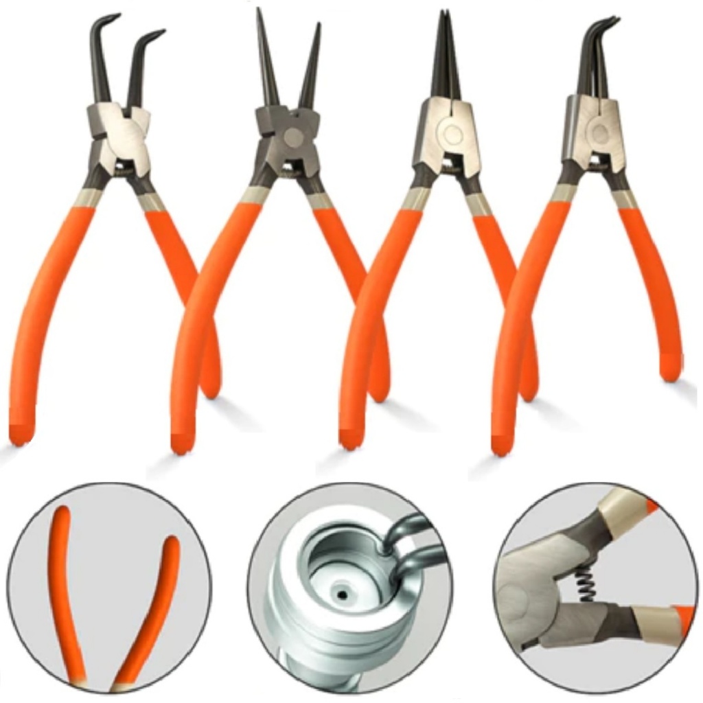 Jogo 4 Alicate Extrator de Aneis Anel Trava Bico Interno Externo Curvo Reto Cabo Emborrachado Profis
