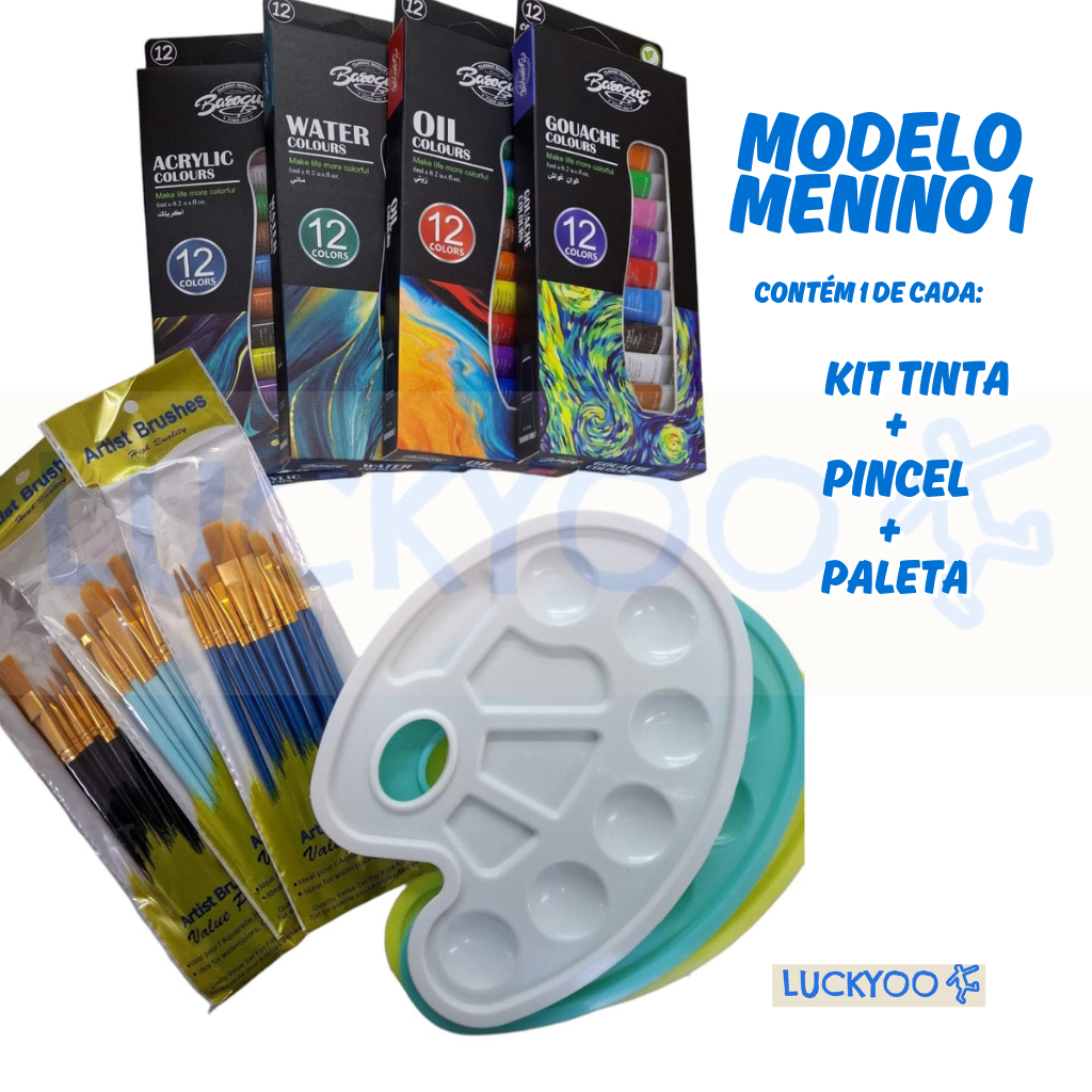 Kit Pincel + Paleta com OU sem Tinta Bisnaga 12 Cores Vibrantes 6ml Acrílica Óleo Aquarela Guache Pi